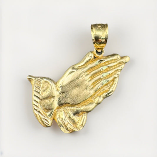 Colgante de amuleto Manos que oran de oro amarillo de 14 quilates, religioso, 27 x 30.12 mm, ~2.4 gramos