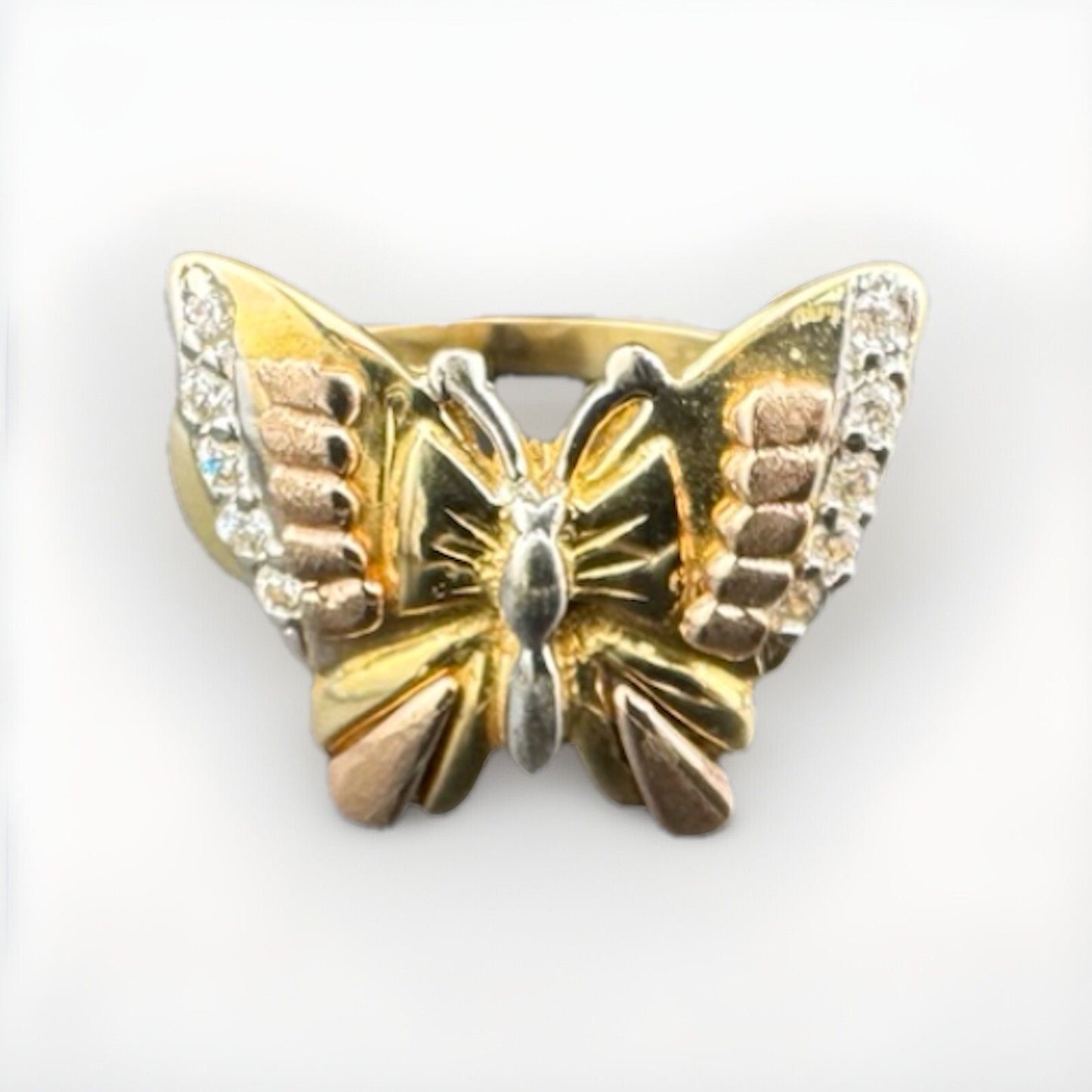 14K Tri-Tone Gold Butterfly Ring Sz 5.5 4.8G Rose White Yellow Gold Simu Diamond