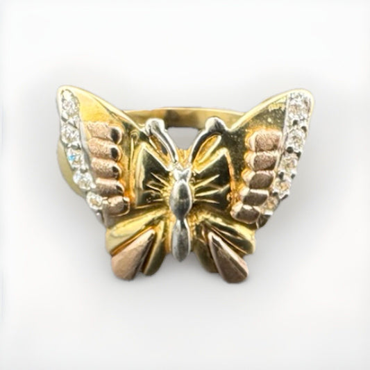 14K Tri-Tone Gold Butterfly Ring Sz 5.5 4.8G Rose White Yellow Gold Simu Diamond