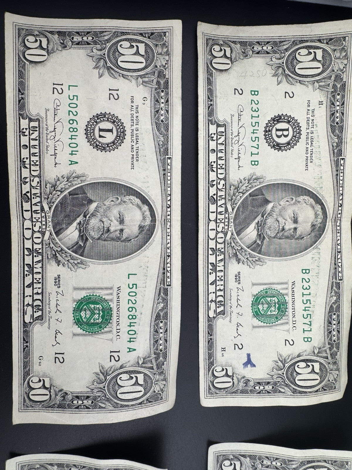 Lot of 7 X $50 U.S. Bills – Series 1990 Printing Errors & Misalignment $350 Face