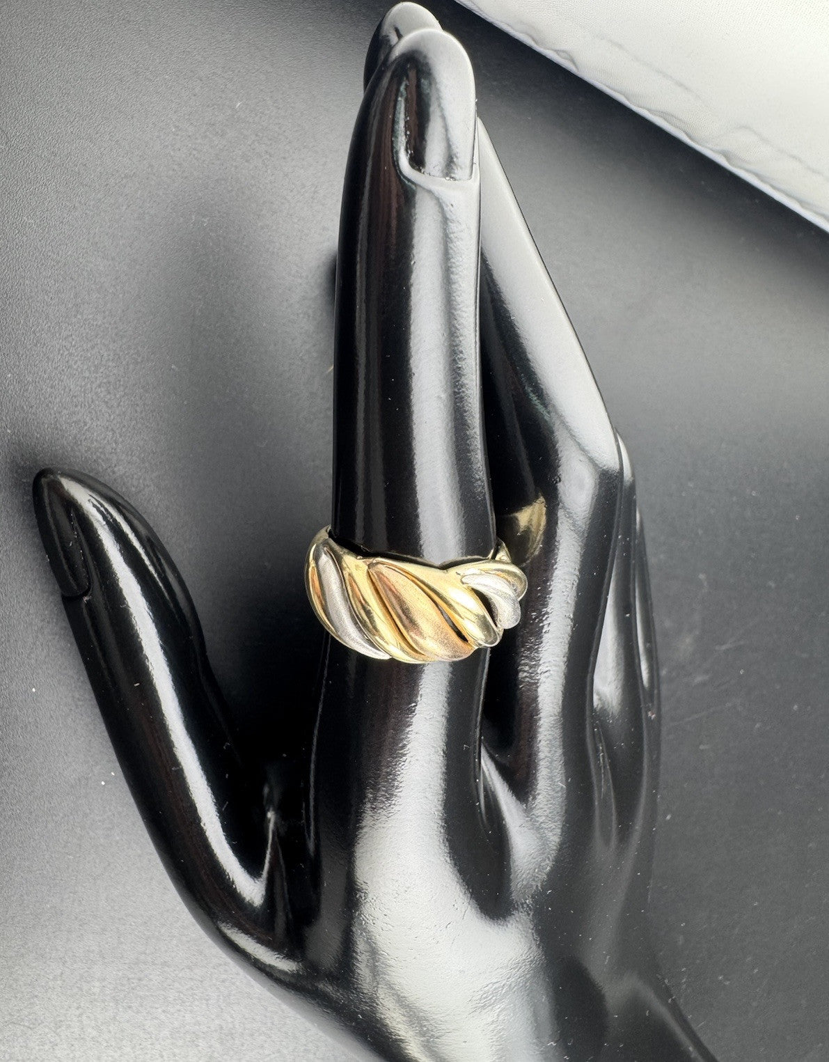 14K Tri-Tone Gold Twist Swirl Ring Rose, White, Yellow Gold 5.4G 9.7mm Sz 5.75
