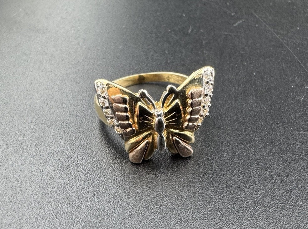 14K Tri-Tone Gold Butterfly Ring Sz 5.5 4.8G Rose White Yellow Gold Simu Diamond