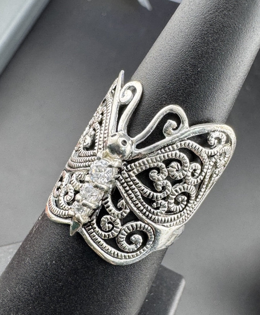 925 Sterling Silver and CZ Open Filigree Butterfly 23mm Ring - Size 8 5.3 Grams