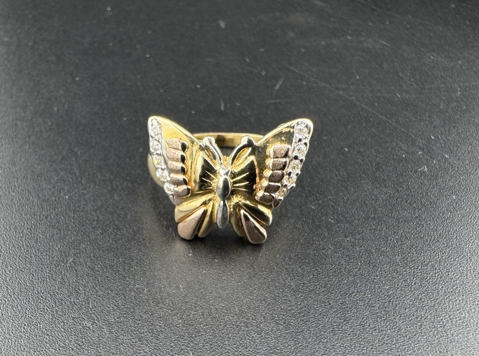 14K Tri-Tone Gold Butterfly Ring Sz 5.5 4.8G Rose White Yellow Gold Simu Diamond