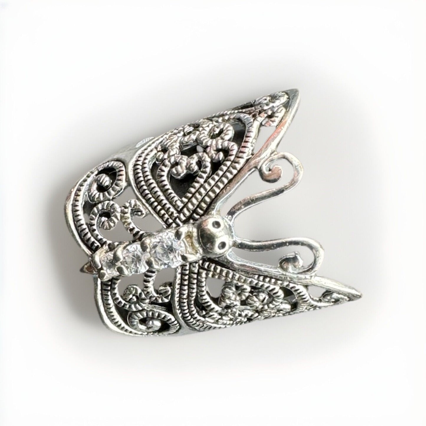925 Sterling Silver and CZ Open Filigree Butterfly 23mm Ring - Size 8 5.3 Grams