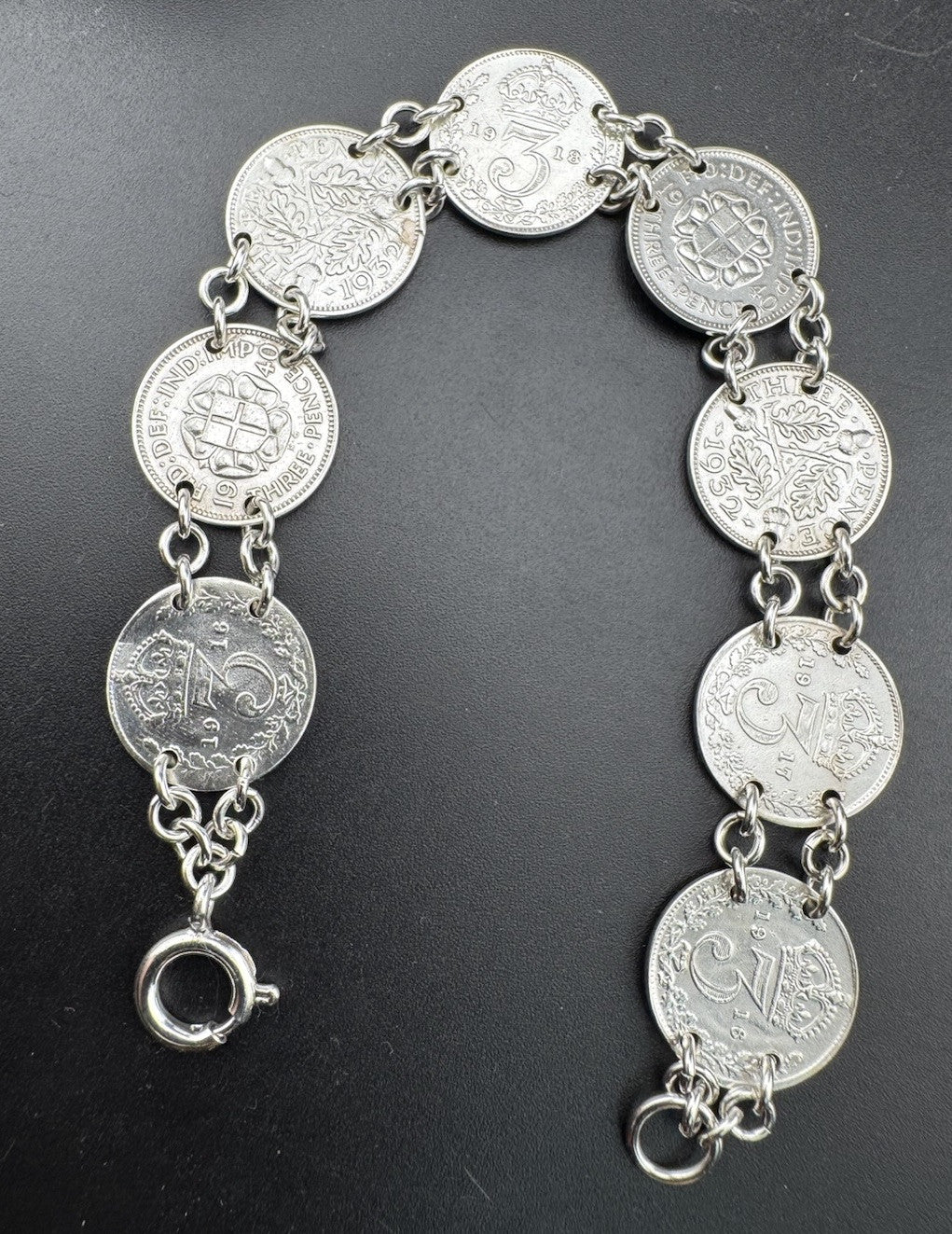 Sterling Silver 925 Threepence Coin Bracelet 14.9g 8 Coins 7.5in 1916-1940