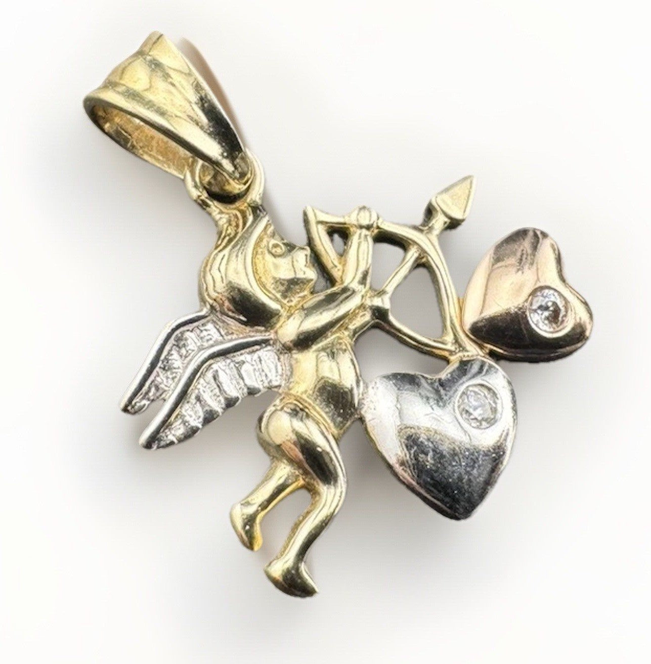 14K Tri-Tone Gold Angel Cupid Pendant 2 Hearts Bow 2.2 Grams 19x21mm Rose White