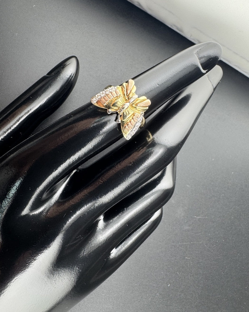 14K Tri-Tone Gold Butterfly Ring Sz 5.5 4.8G Rose White Yellow Gold Simu Diamond