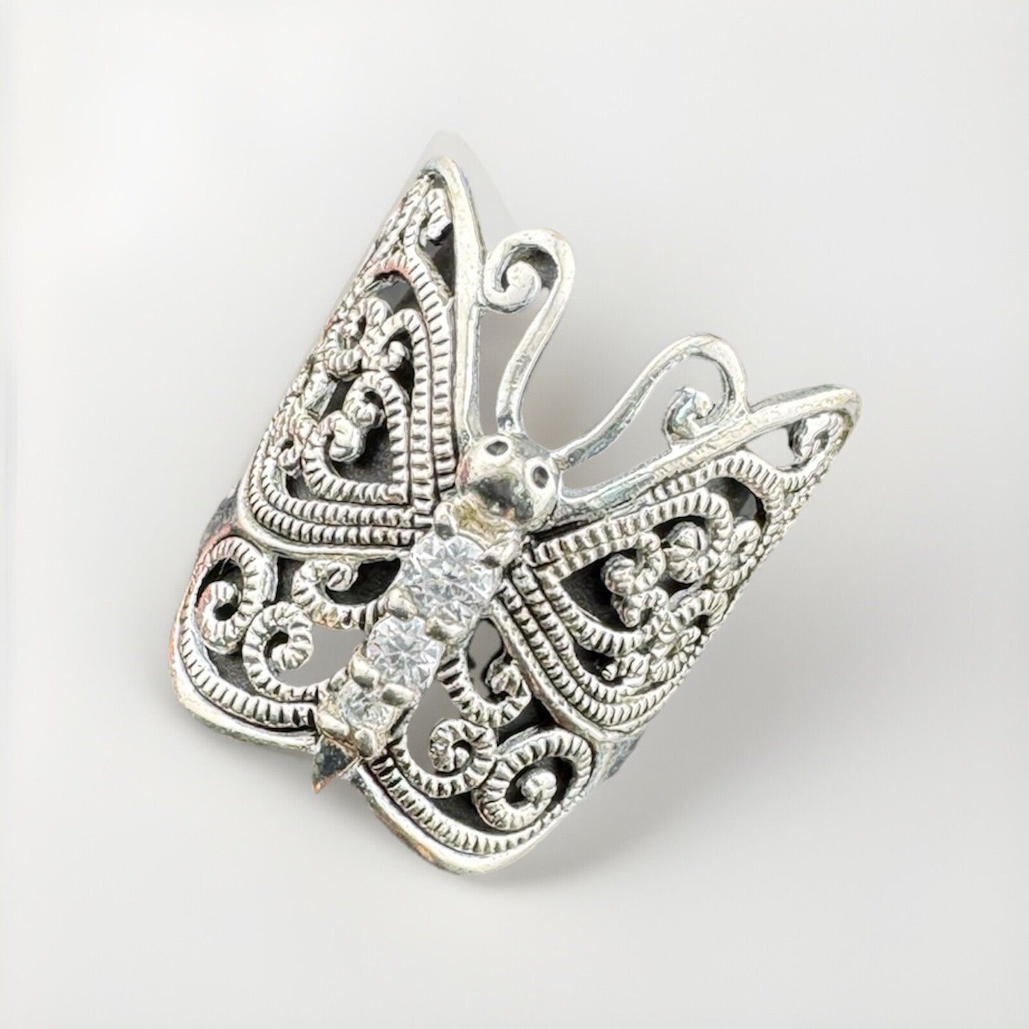 925 Sterling Silver and CZ Open Filigree Butterfly 23mm Ring - Size 8 5.3 Grams