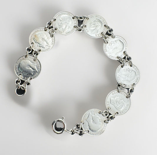 Sterling Silver 925 Threepence Coin Bracelet 14.9g 8 Coins 7.5in 1916-1940