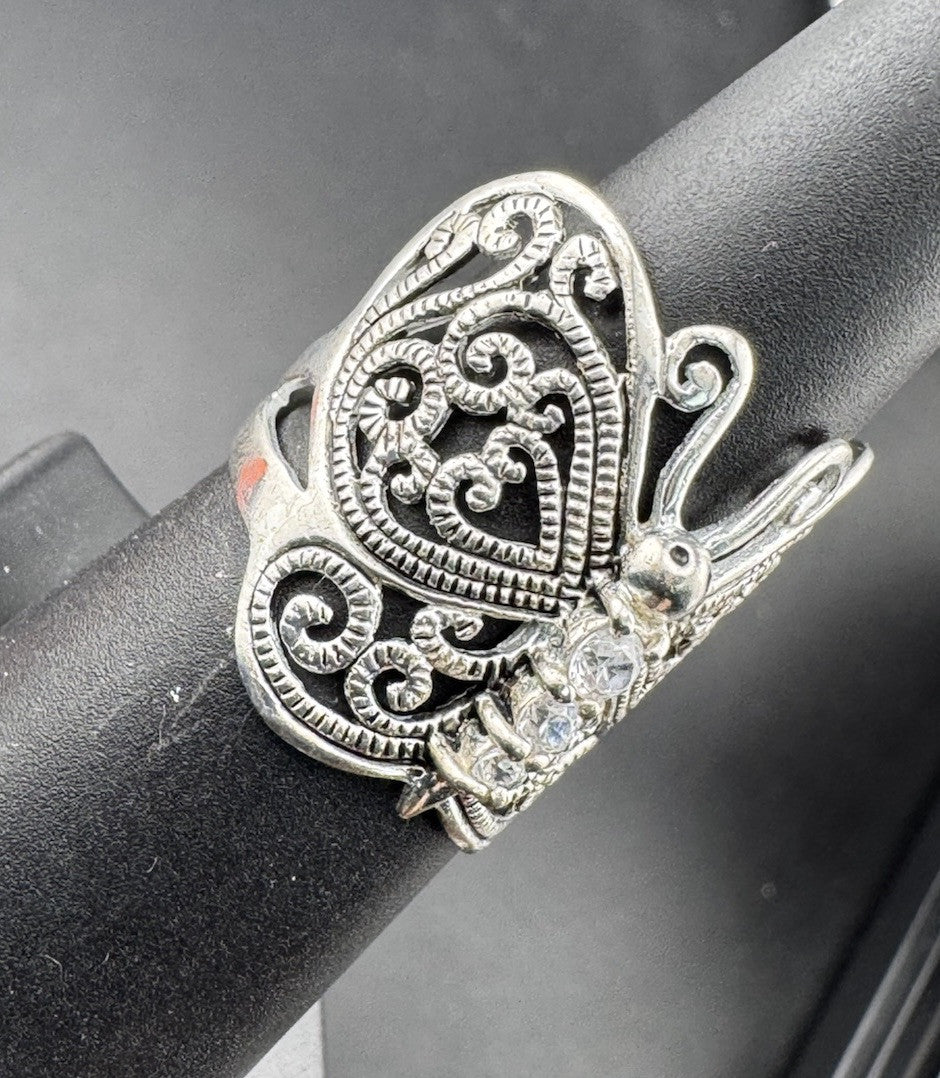 925 Sterling Silver and CZ Open Filigree Butterfly 23mm Ring - Size 8 5.3 Grams