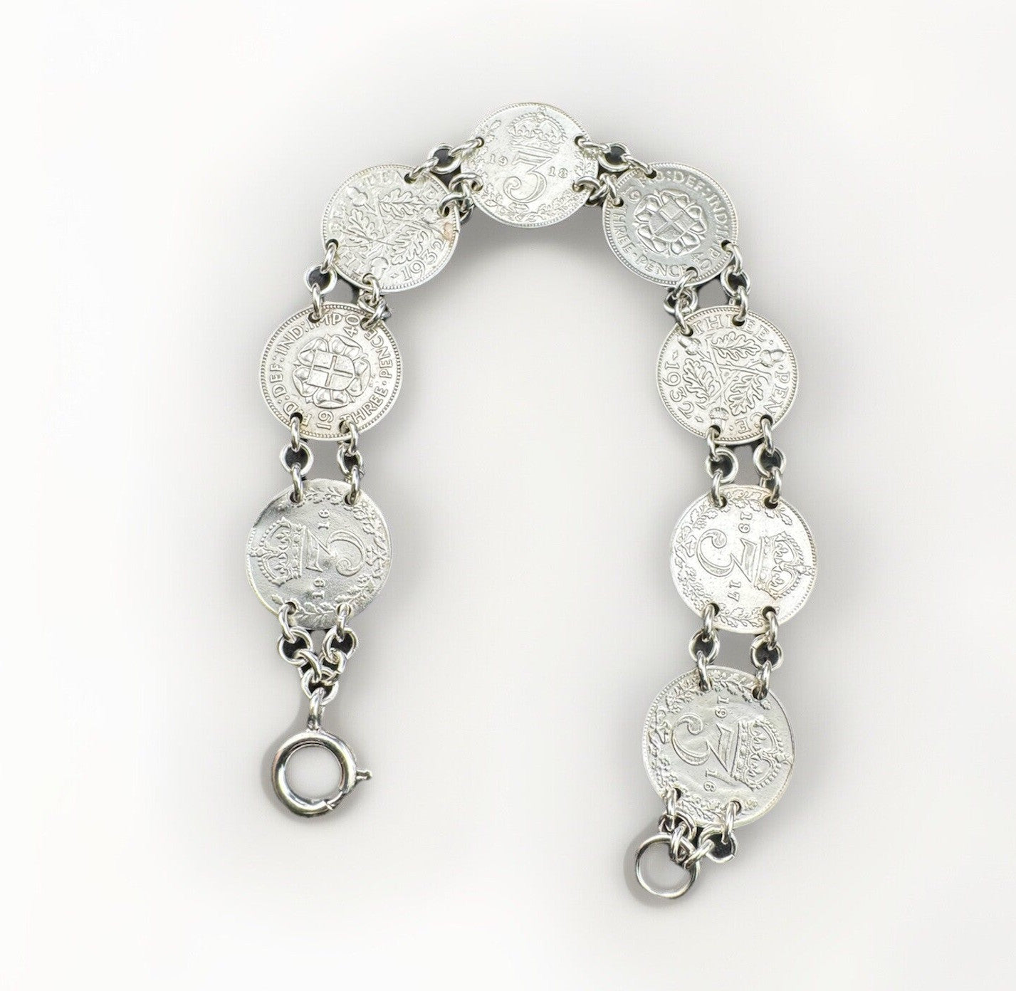 Sterling Silver 925 Threepence Coin Bracelet 14.9g 8 Coins 7.5in 1916-1940