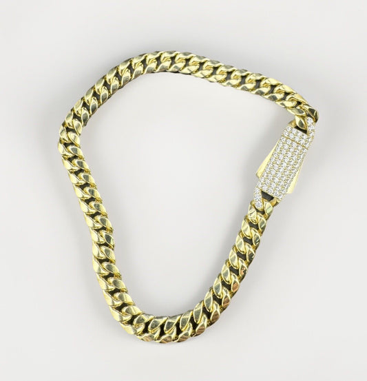 Pulsera Cubana Miami de Oro Amarillo de 14K 7.5in 7.5mm 9.6 Gramos Diamante Simulado CZ*