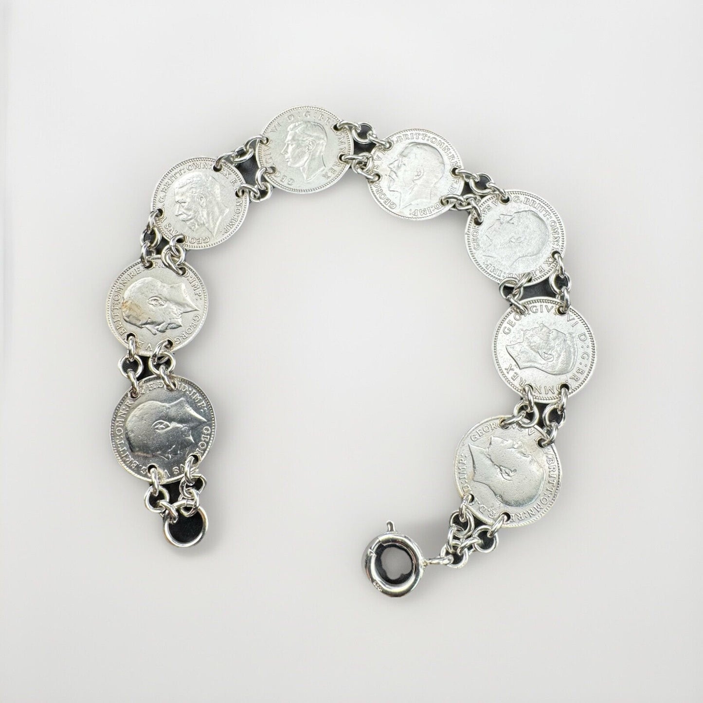Sterling Silver 925 Threepence Coin Bracelet 14.9g 8 Coins 7.5in 1916-1940