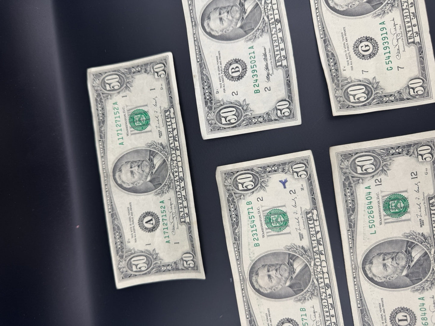 Lot of 7 X $50 U.S. Bills – Series 1990 Printing Errors & Misalignment $350 Face