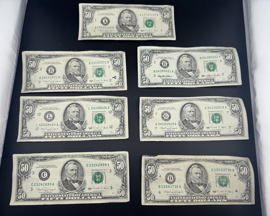 Lot of 7 X $50 U.S. Bills – Series 1990 Printing Errors & Misalignment $350 Face