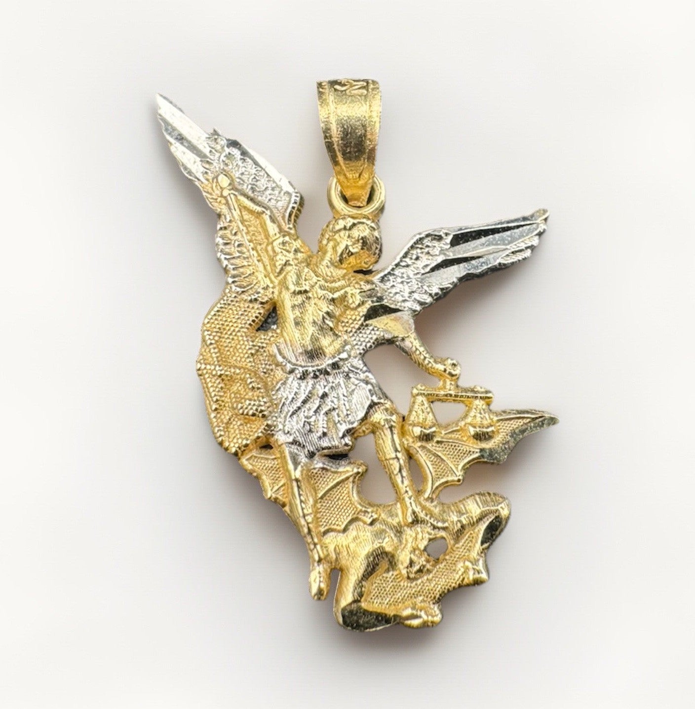 14K 2 Tone Gold 3D Saint Michael Archangel Stepping On Demon Pendant 1.8 Grams