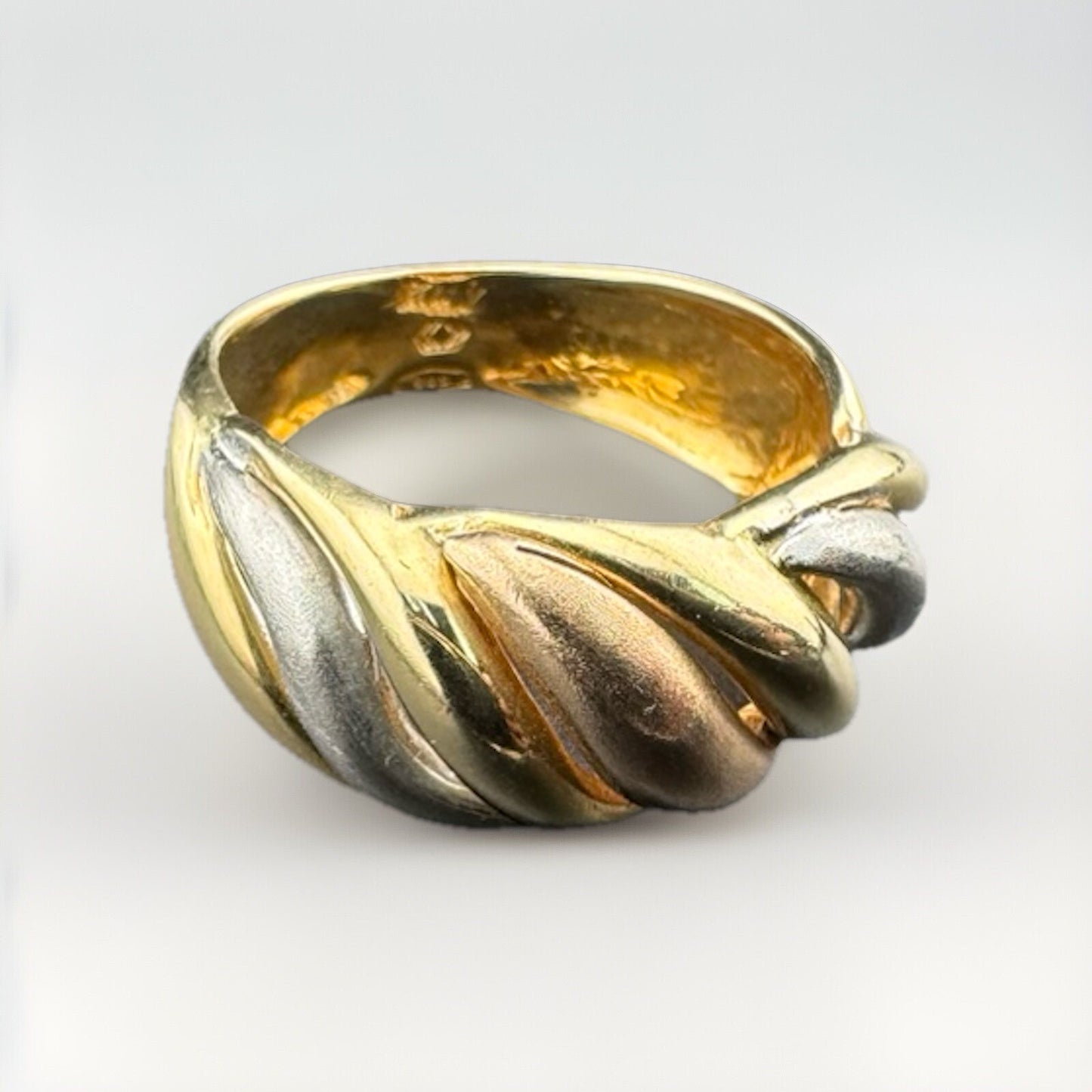 14K Tri-Tone Gold Twist Swirl Ring Rose, White, Yellow Gold 5.4G 9.7mm Sz 5.75