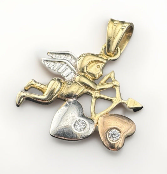 14K Tri-Tone Gold Angel Cupid Pendant 2 Hearts Bow 2.2 Grams 19x21mm Rose White