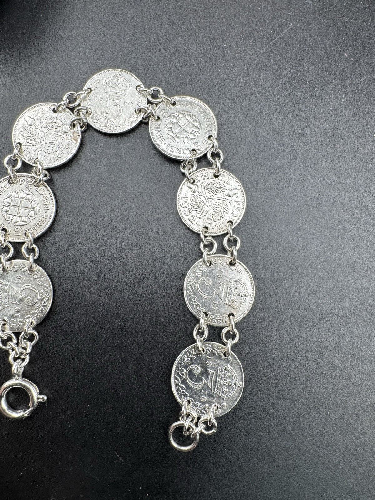 Sterling Silver 925 Threepence Coin Bracelet 14.9g 8 Coins 7.5in 1916-1940