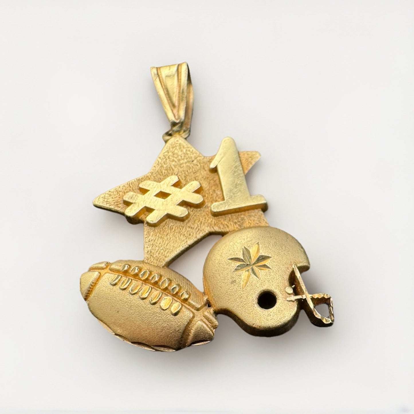14K Gold Number #1 Star Football Player Helmet 3D Pendant CutOut 19x28 2.4 Grams
