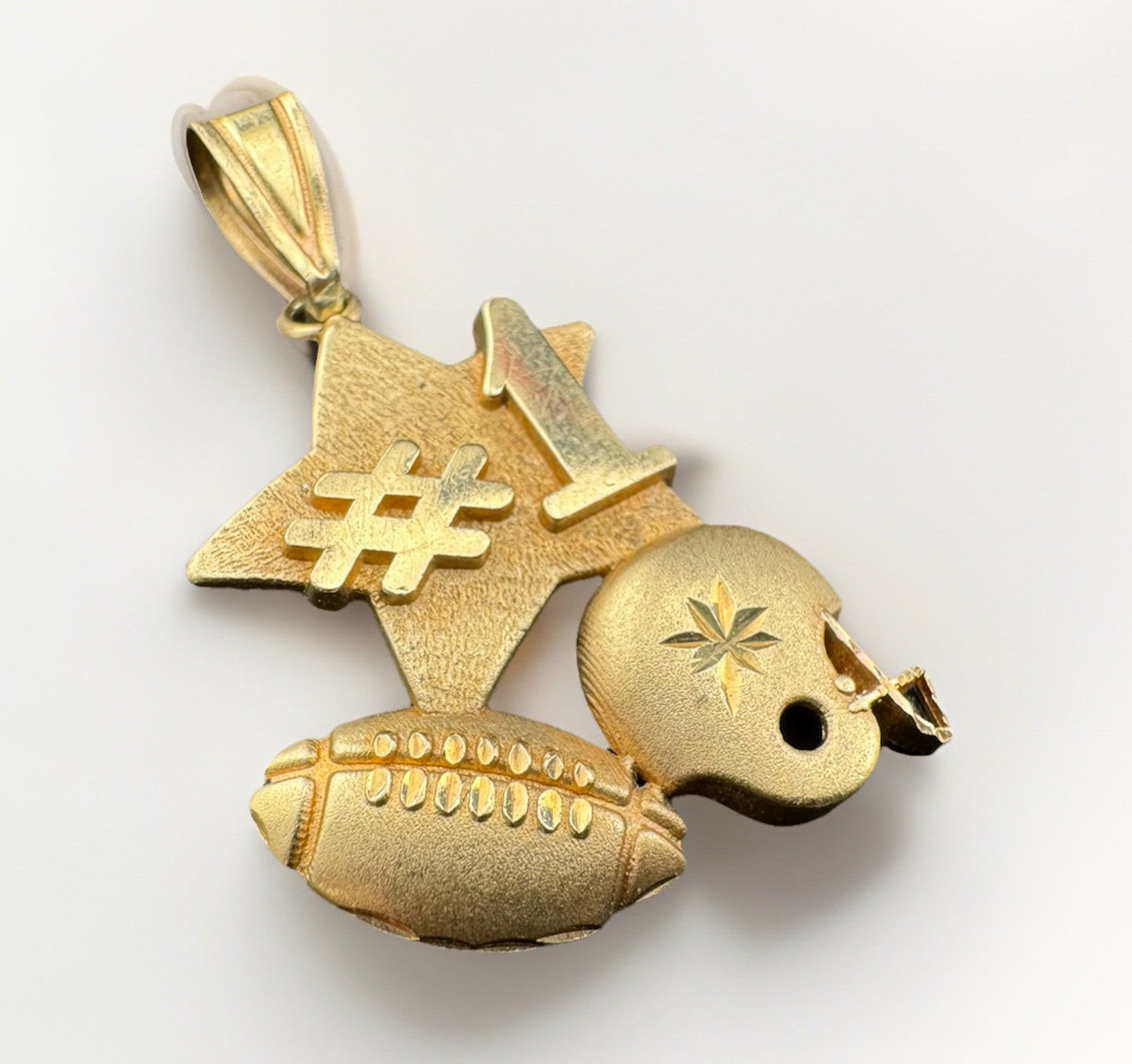 14K Gold Number #1 Star Football Player Helmet 3D Pendant CutOut 19x28 2.4 Grams