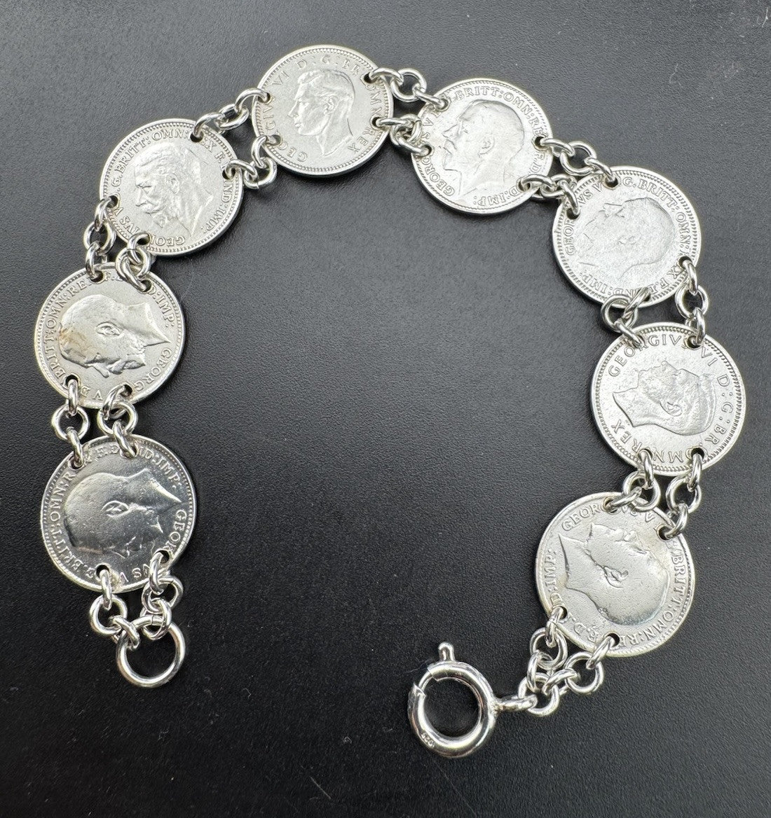 Sterling Silver 925 Threepence Coin Bracelet 14.9g 8 Coins 7.5in 1916-1940