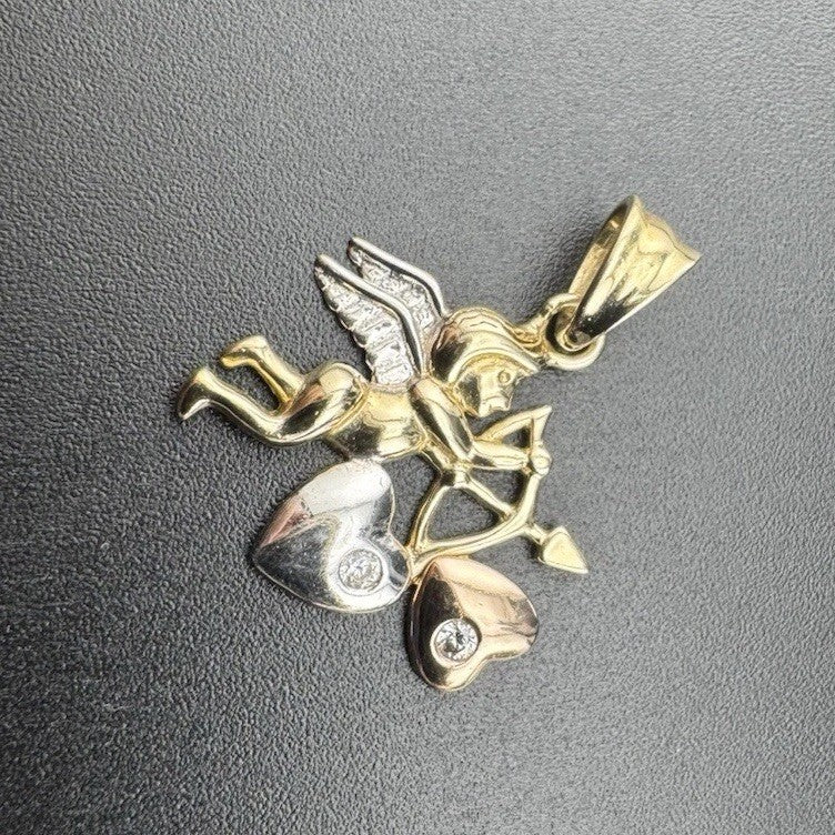 14K Tri-Tone Gold Angel Cupid Pendant 2 Hearts Bow 2.2 Grams 19x21mm Rose White