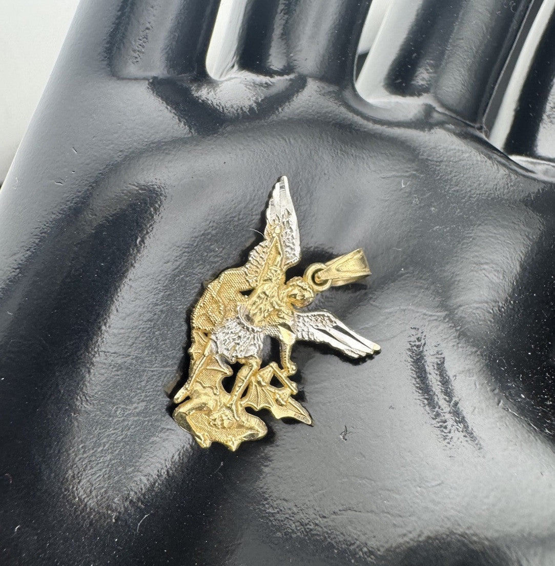 14K 2 Tone Gold 3D Saint Michael Archangel Stepping On Demon Pendant 1.8 Grams