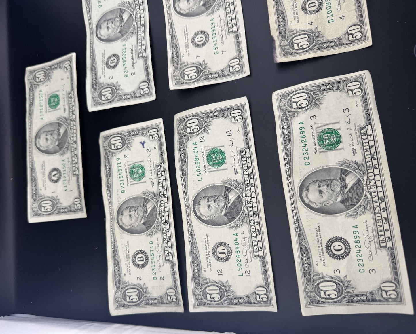 Lot of 7 X $50 U.S. Bills – Series 1990 Printing Errors & Misalignment $350 Face