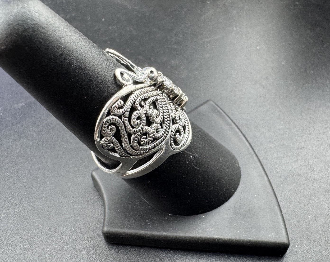 925 Sterling Silver and CZ Open Filigree Butterfly 23mm Ring - Size 8 5.3 Grams