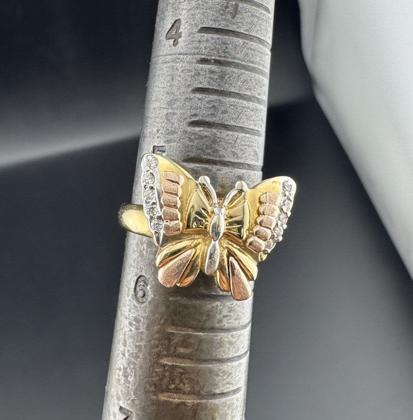 14K Tri-Tone Gold Butterfly Ring Sz 5.5 4.8G Rose White Yellow Gold Simu Diamond