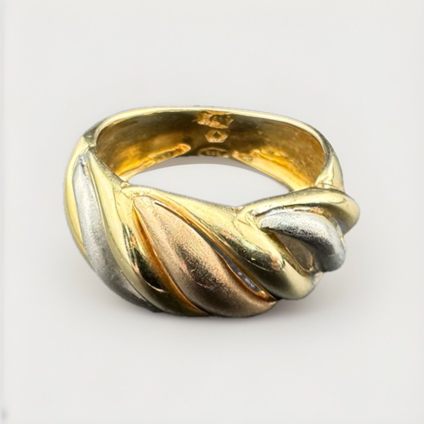 14K Tri-Tone Gold Twist Swirl Ring Rose, White, Yellow Gold 5.4G 9.7mm Sz 5.75